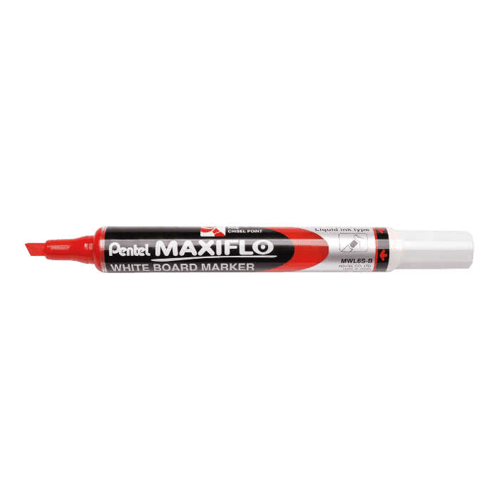 قلم سبورة بيضاء Pentel Maxiflo ذو رأس إزميلي، لون أحمر