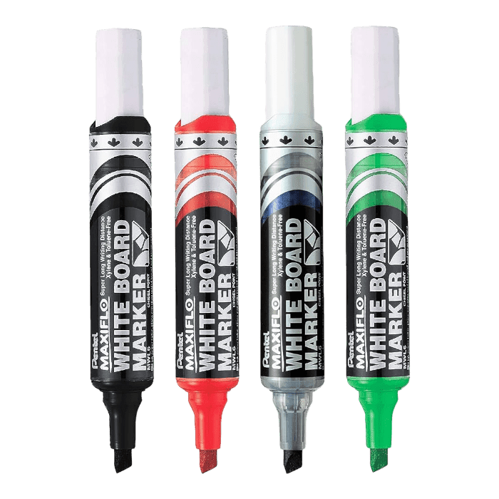 أقلام سبورة بيضاء Pentel MaxiFlo برأس مشطوف، من 2 إلى 6 مم، مجموعة من 4 ألوان